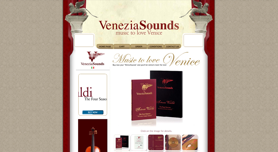 Immagine: e-commerce Venezia Sounds. E-commerce: un utile strumento per diffondere e vendere i propri prodotti online. Sito dinamico per la vendita di prodotti e servizi attraverso il www, pagameneti direttamente online: paypal, carte di credito.