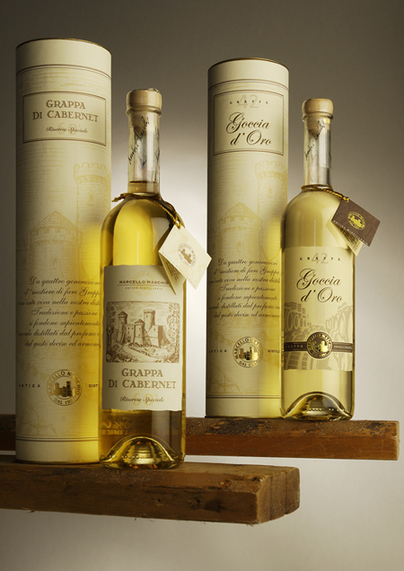 immagine packaging Marcello Maschio Distilleria. Studio grafico specializzato nell'ideazione e creazione di etichette per Spumante Prosecco e vini in genere.